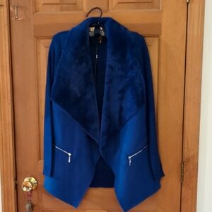 12th Love Royal Blue Faux Shearling Teddy Sweater Jacket Cardigan Blazer Size S